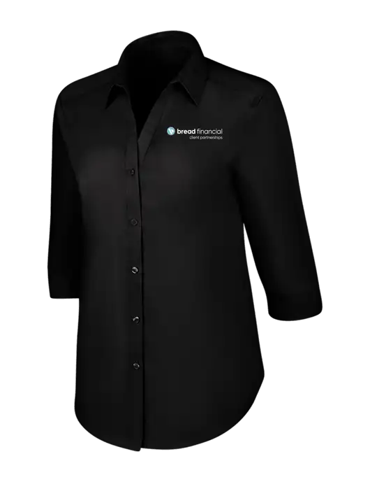 Womens Black 3/4 Sleeve Carefree Poplin Shirt w/Bread Financial Client Partnerships Logo