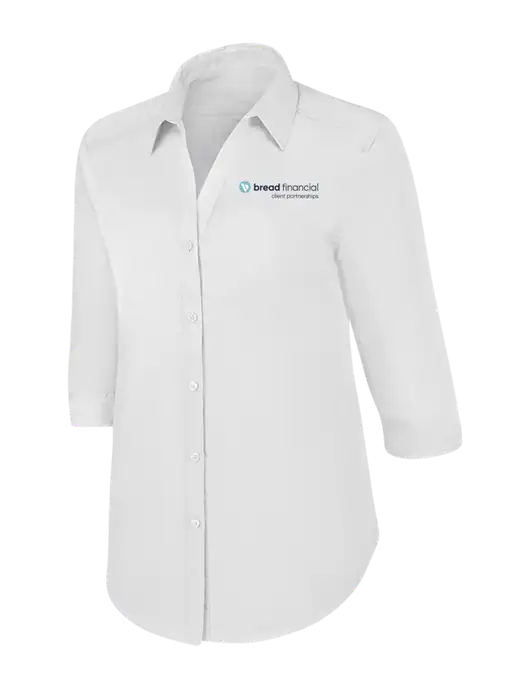Womens White 3/4 Sleeve Carefree Poplin Shirt w/Bread Financial Client Partnerships Logo