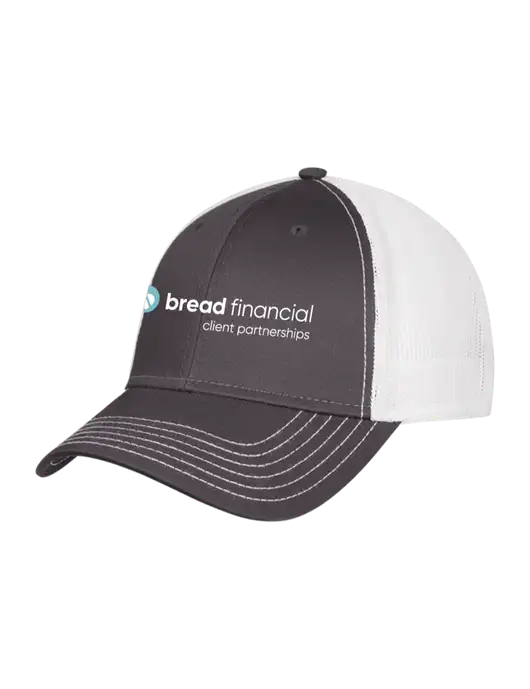 Dark Grey/White Mesh Trucker Cap Snap Back w/Bread Financial Client Partnerships Logo