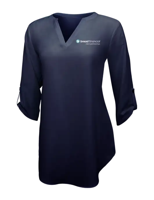 Navy Womens 3/4 Sleeve Tunic Blouse w/Bread Financial Client Partnerships Logo