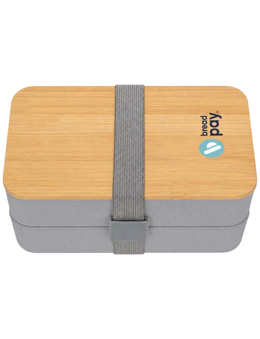 Double Decker Light Medium Grey Lunch Box w/Eco-Friendly FSC Bamboo Lid & Reusable Utensils w/Bread Pay Logo