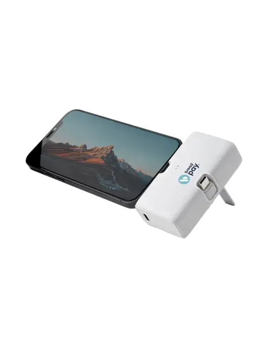 White Phone Power Bank Stand 4,500 mAh Dual Ports Type C & Lightning w/Bread Pay Logo