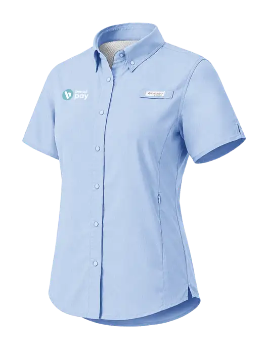 Columbia Light Blue Womens PFG Tamiami II Short Sleeve Shirt w/Bread Pay Logo