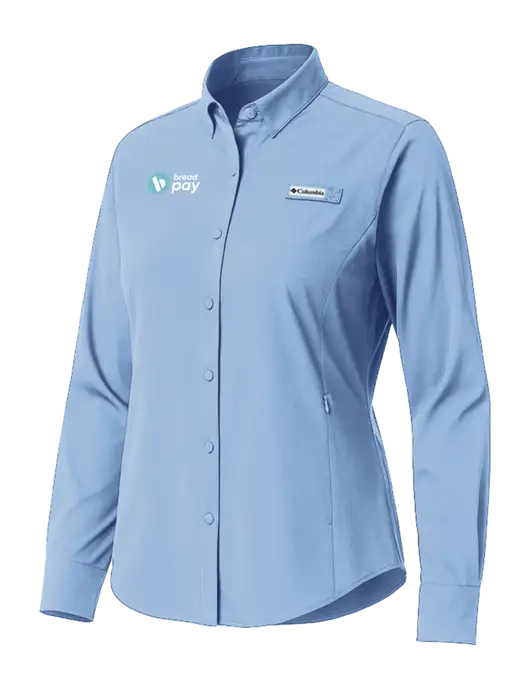 Columbia Light Blue Womens PFG Tamiami II Long Sleeve Shirt w/Bread Pay Logo