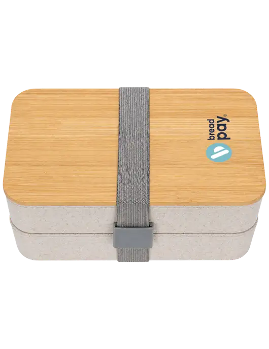 Double Decker Natural Ivory Lunch Box w/Eco-Friendly FSC Bamboo Lid & Reusable Utensils w/Bread Pay Logo
