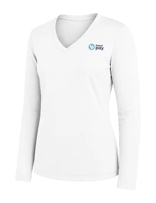 Womens White Long Sleeve PosiCharge V-Neck Competitor Tee w/Bread Pay Logo